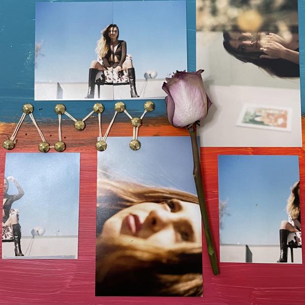 Collage of photographs of women and a rose laying on top