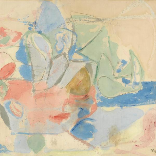 Watercolor painting with yellow and blue abstract forms