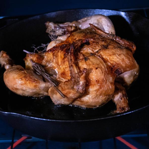 roast chicken in a pan