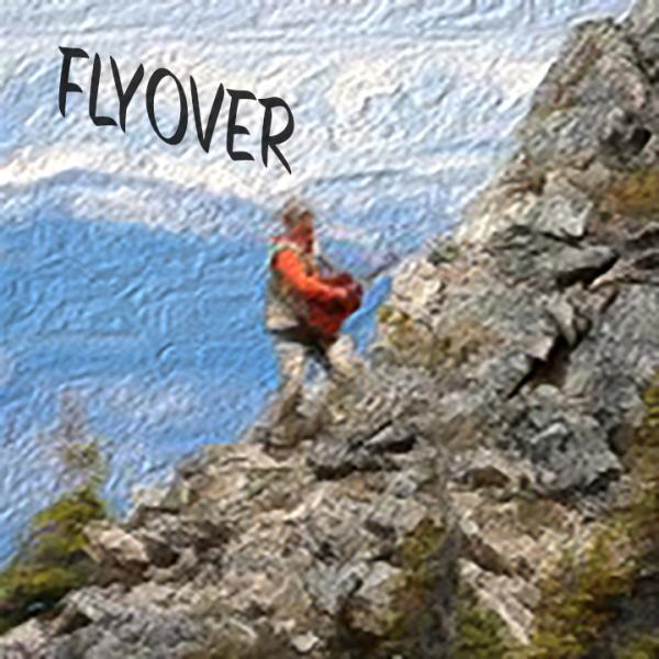 Distorted image of mountain climber with the EP title Flyover