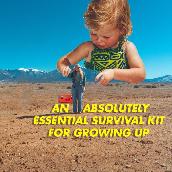 Collage of oversized toddler with artist in a desert