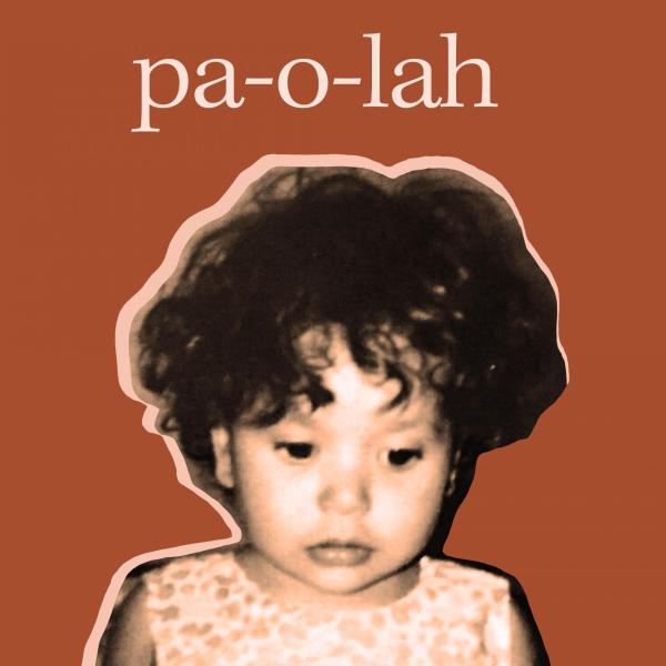 Movie poster with cut-out photo of artist as toddler pasted against a brunt orange background with title pa-o-lah