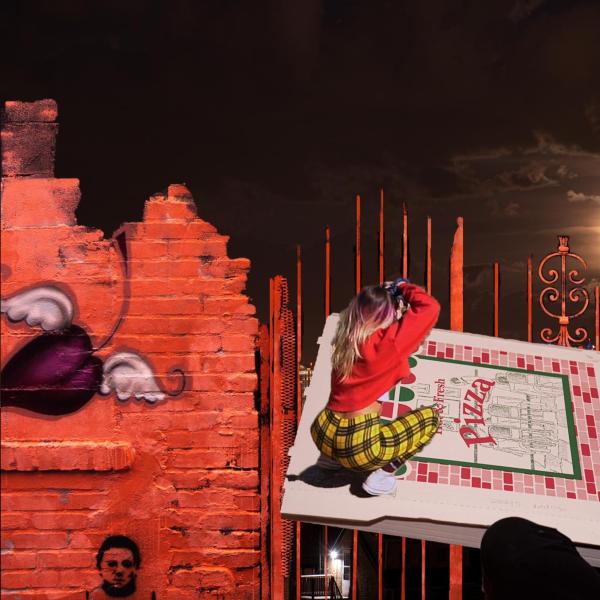 Collage of woman with pizza box, the moon in the background