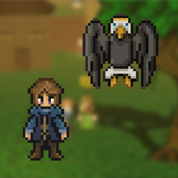 Pixel-art of a character and an eagle