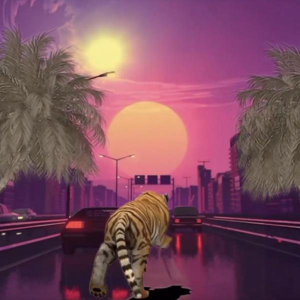 Collage of a tiger going down a highway with palm trees