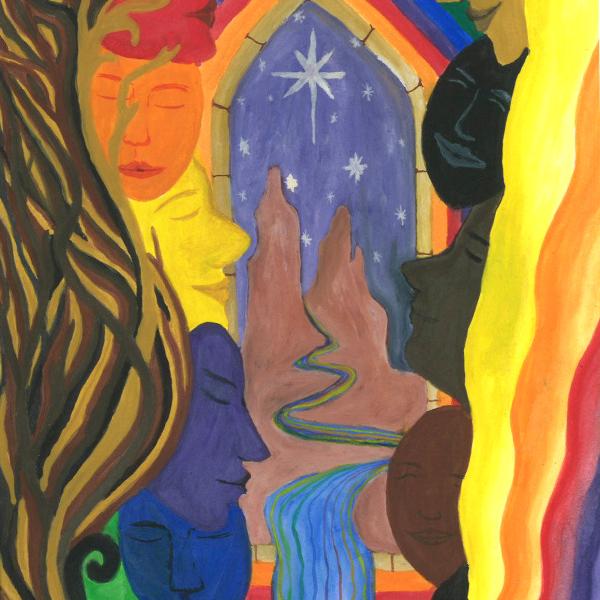 Ruby Begay - A colorful abstract painting with faces in profile and a central cosmic-like archway.