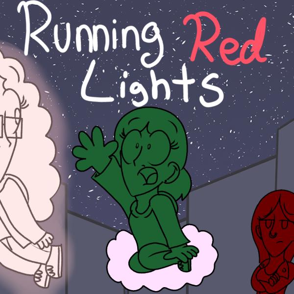Animation of three people with words "running red lights"