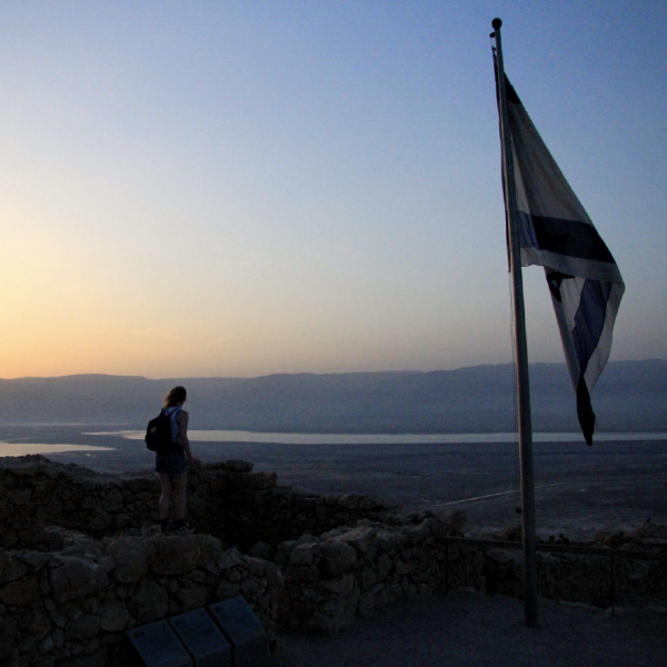 Person on mountain looking over landscape with a flag