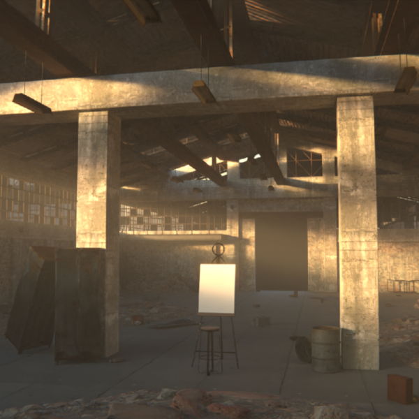 A view from inside the VR experience. It shows the final version of the modeled warehouse that shows the canvas and brushes.