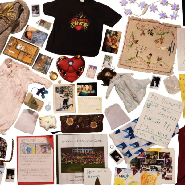A flat-lay style collage featuring a collection of material objects