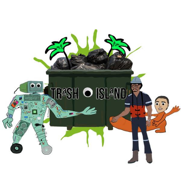 Animation of a robot and man by a trash bin
