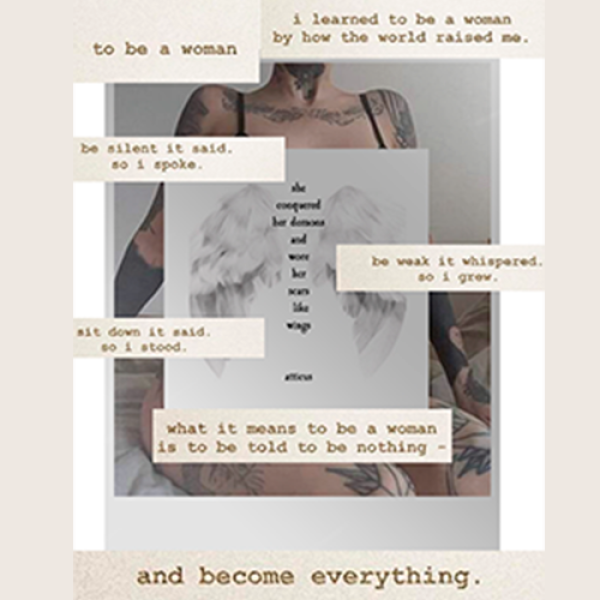 woman's body with art piece in front of it