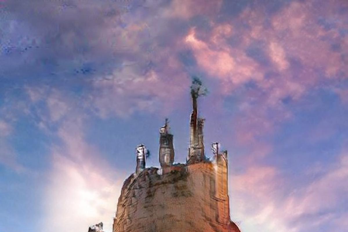 Fairytale castle with blue sky and pink clouds