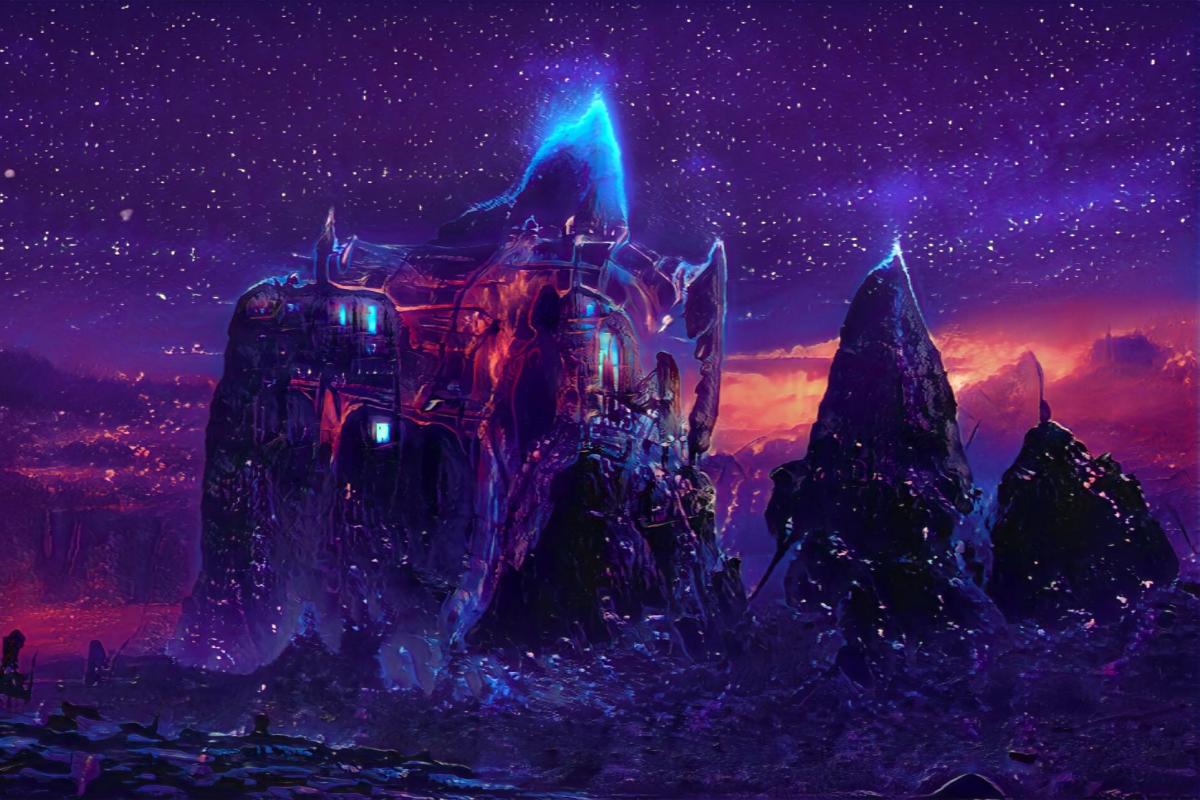 Fantasy castle in a purple starry landscape