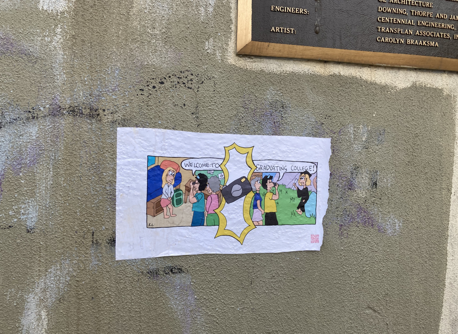 Comic strip posted to a concrete wall 