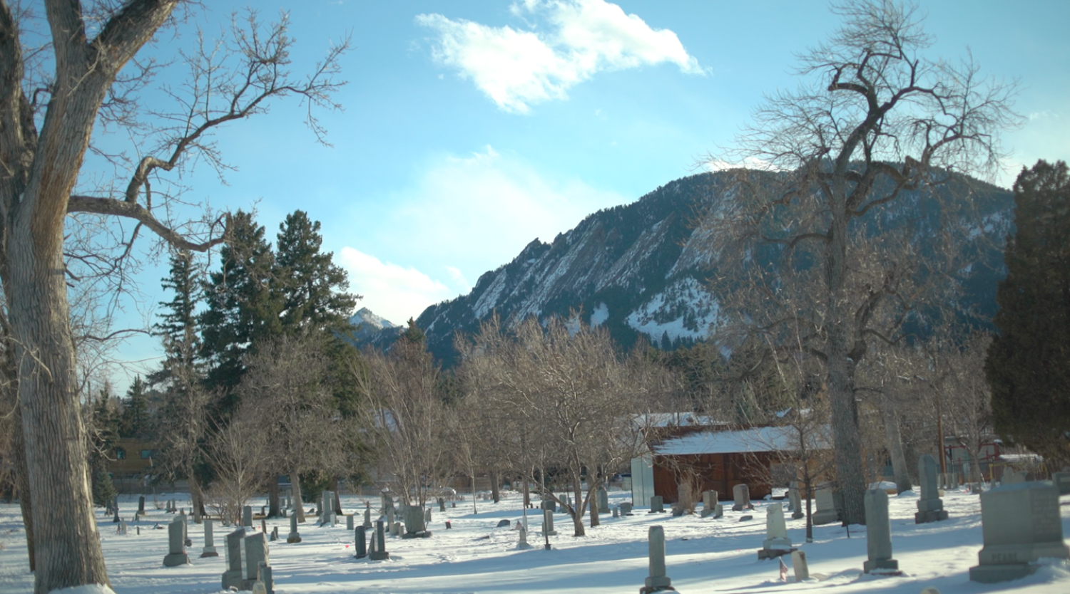 Cemetery in winter with the flat irons in the background