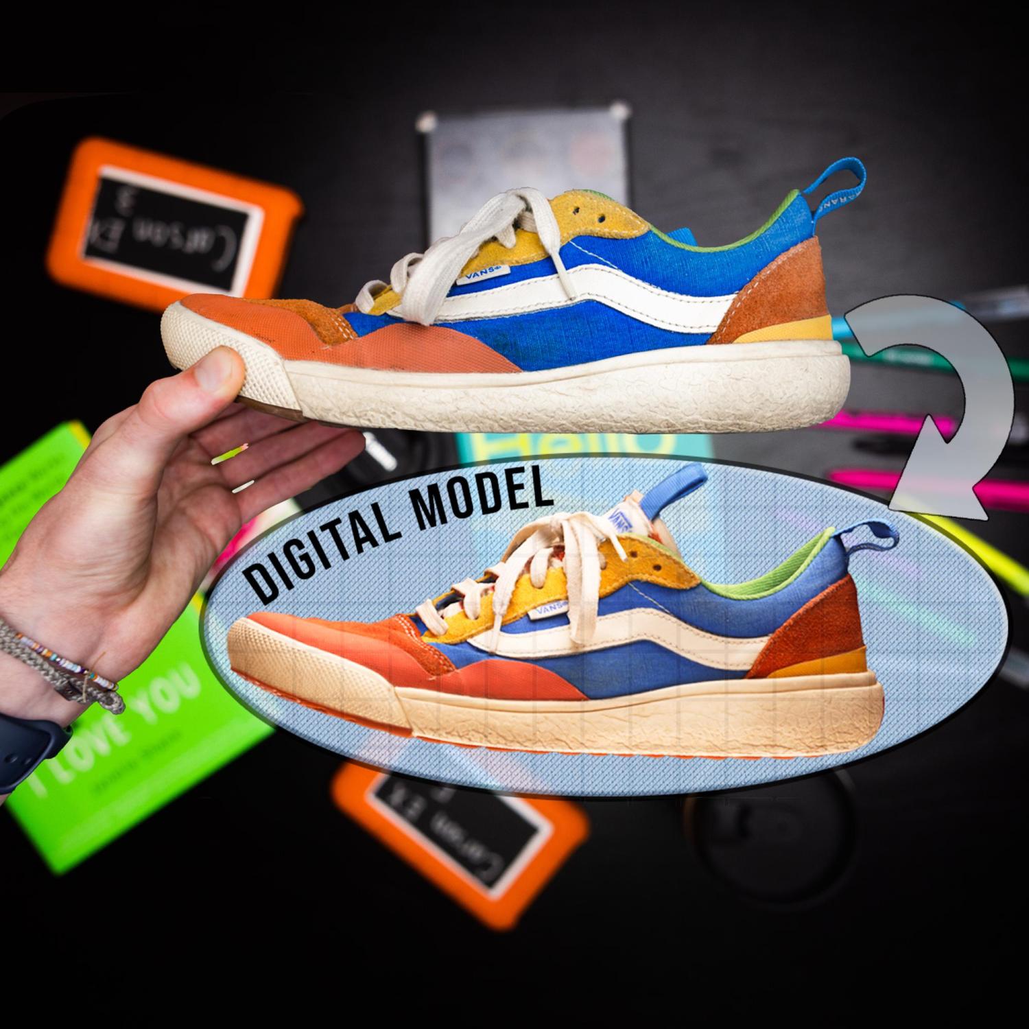 Photo showing a photo of the real shoe and the digital model side by side