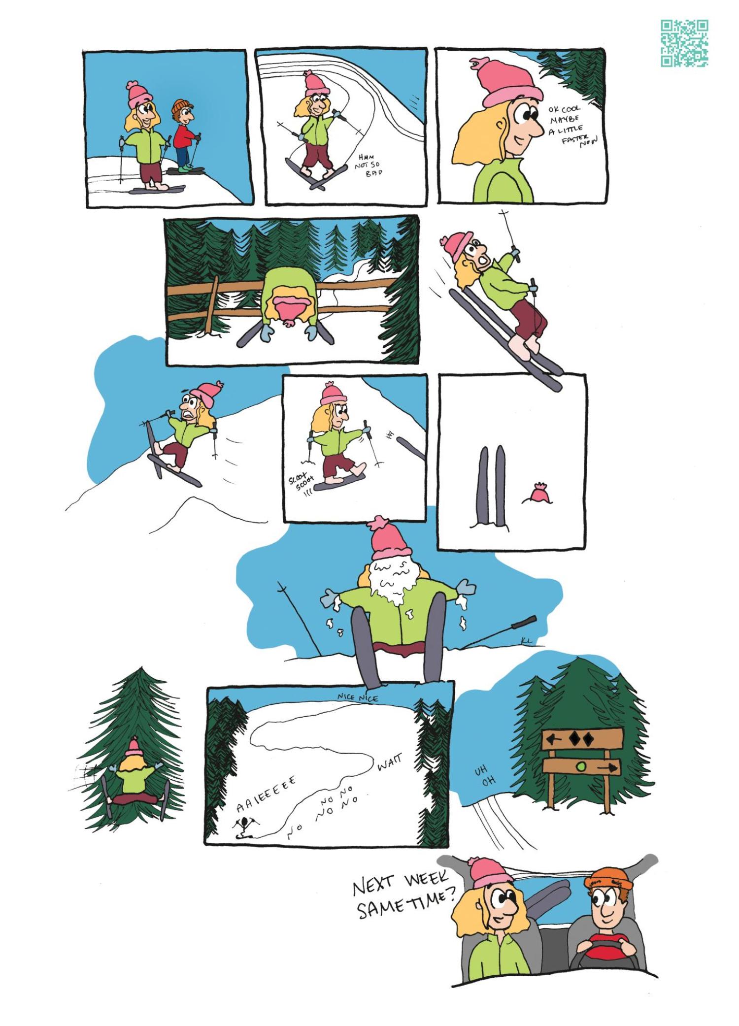 Comic strip of two people skiing