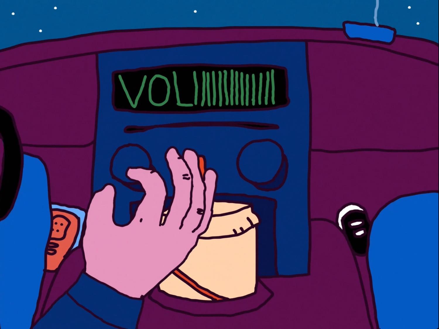 Animation of a hand changing music volume in a car