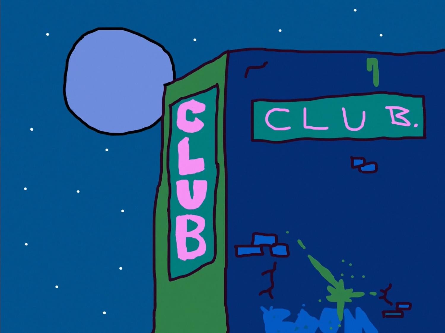 Animation of a nightclub from the outside with the moon in view