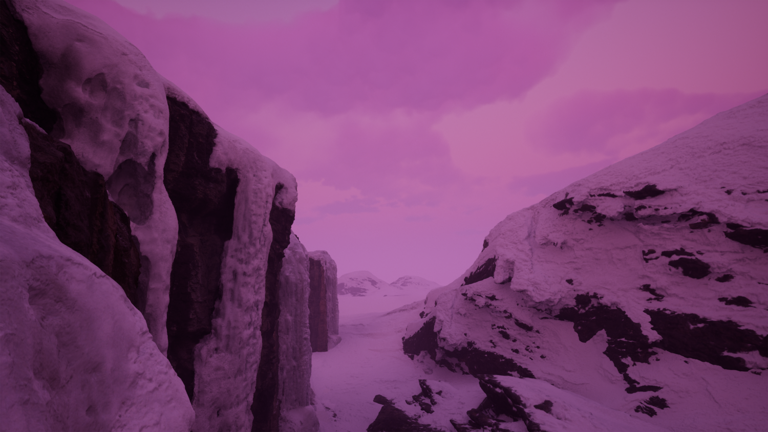 beautiful, immersive nature-themed environment featuring a snowy landscape with steep cliffs covered in ice during a pink sunset.