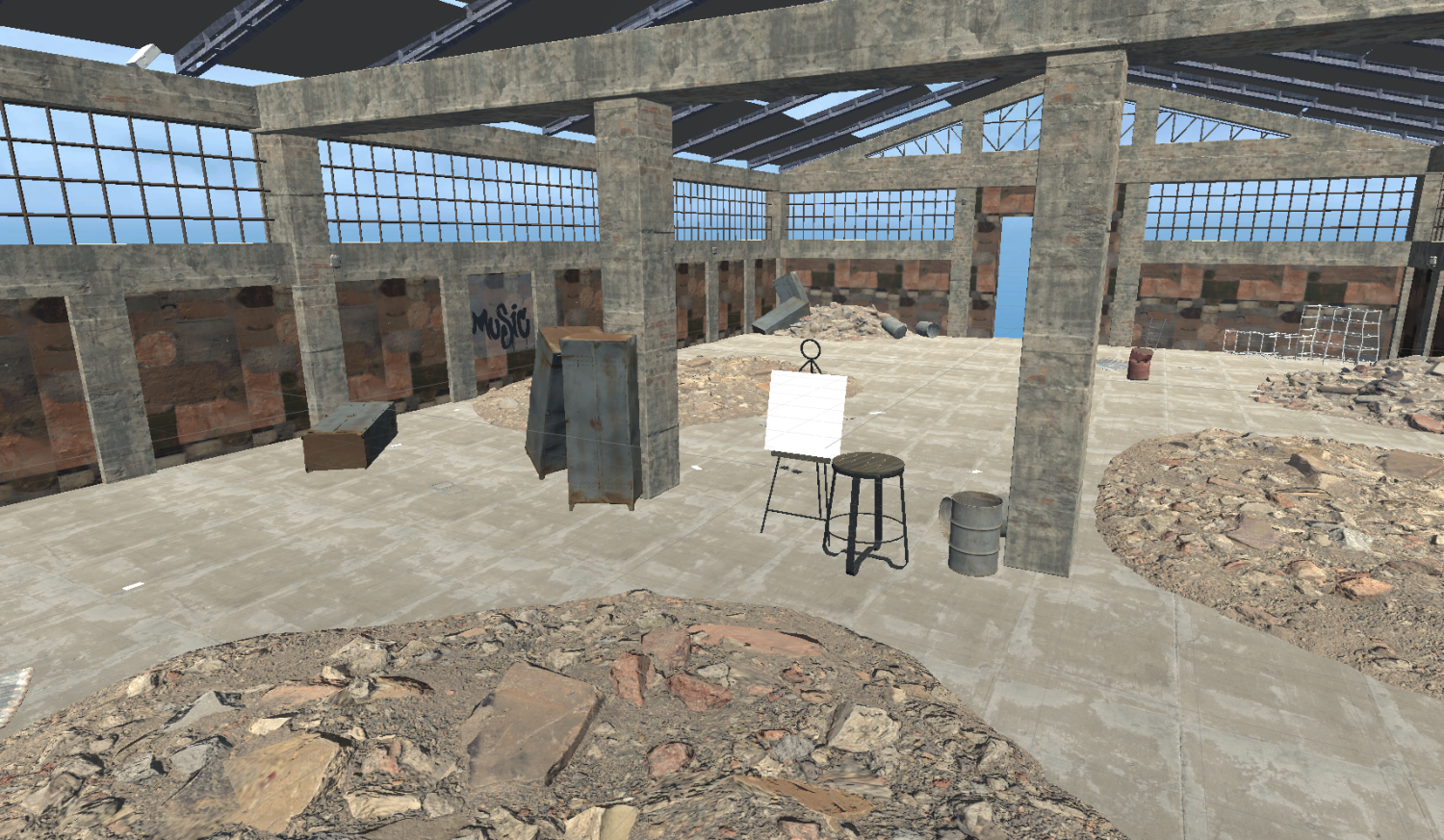 A view from inside the VR experience. It shows the final version of the modeled warehouse that shows the canvas and brushes.