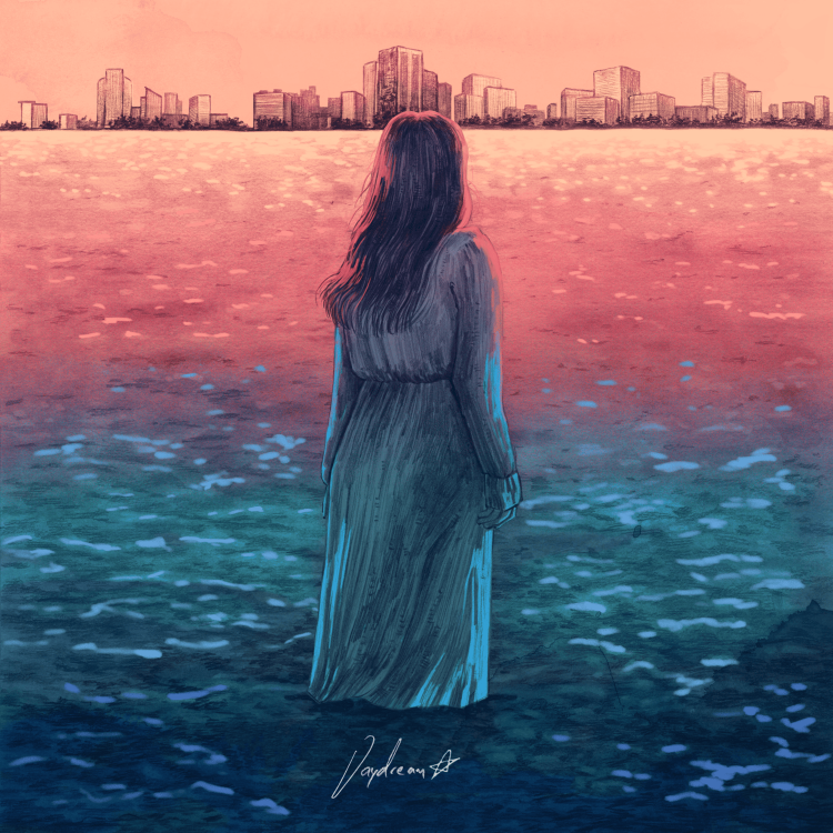 An individual wearing a hospital gown stands among vast, shallow waters, staring at a distant city lit by the slow dawn.