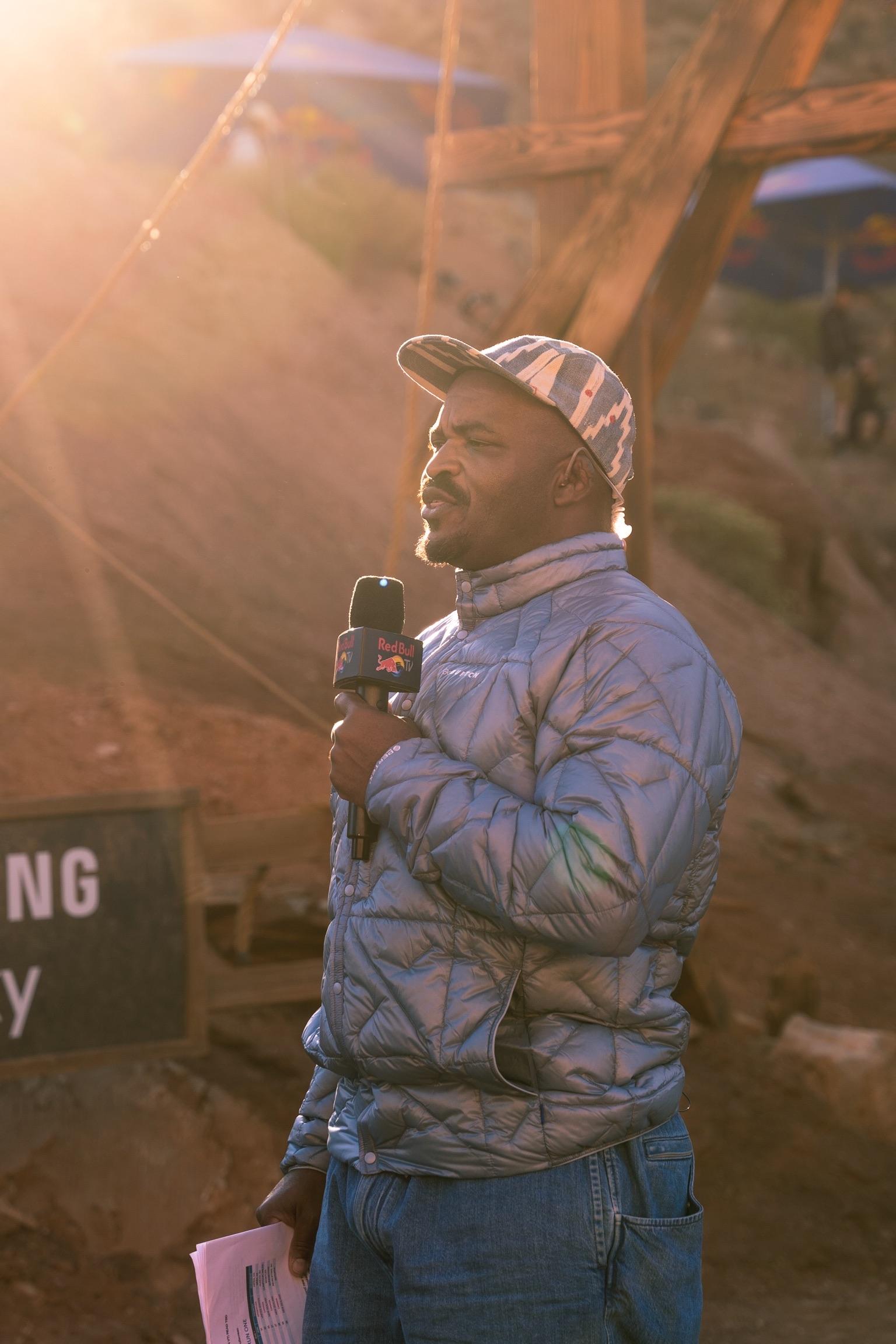 Internationally renowned action sports commentator Selema Masekela delivering his opening remarks for the RedBull x ESPN broadcast of Red Bull Rampage 2024.