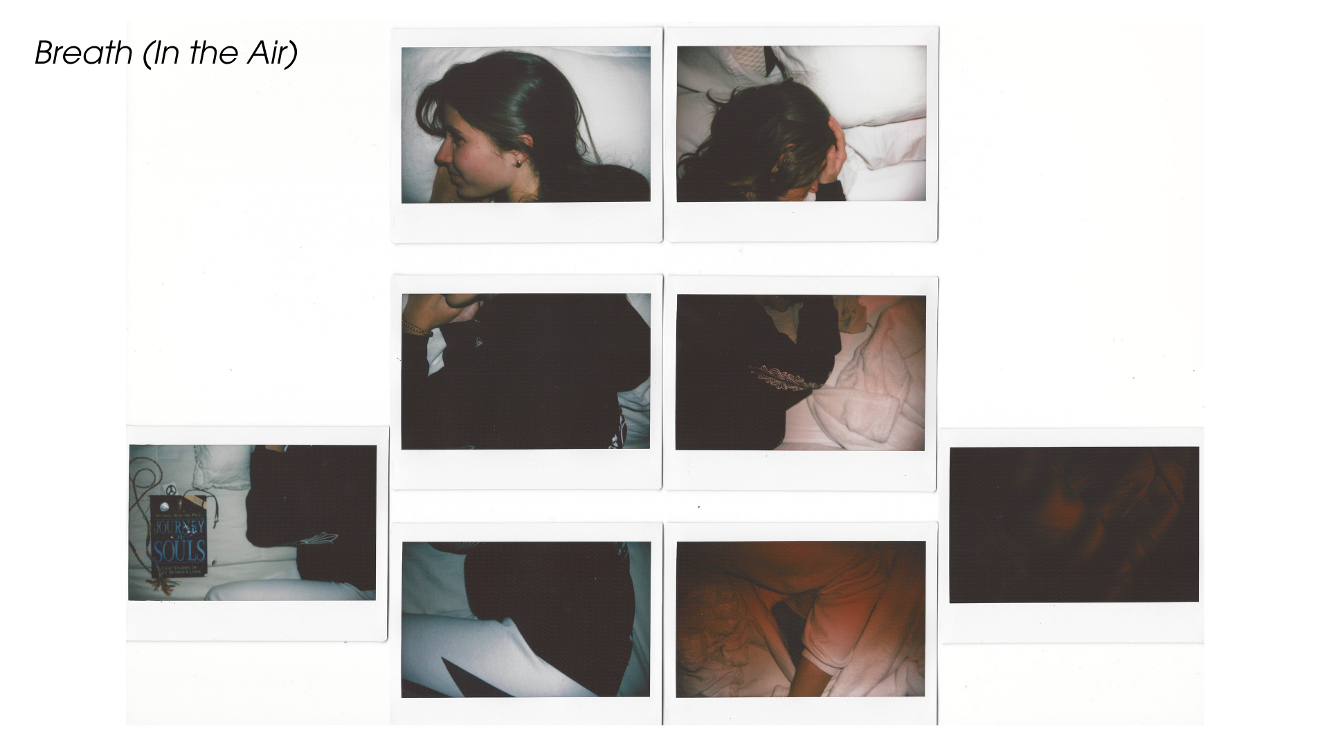 Breathe (In the Air): The Beginning of Routine. Also arranged in a 3x2 layout, this composition captures a woman lying in bed. The left side is soft and peaceful—this woman lies on her right side, framed in gentle light. A fourth Polaroid to the left displays symbols of peace. On the right, she lies on her left side in red tones, the colors darker, the air heavier. A low-exposure Polaroid to the right expresses tension. The juxtaposition illustrates the beginning of routine: the push-pull between inner cal