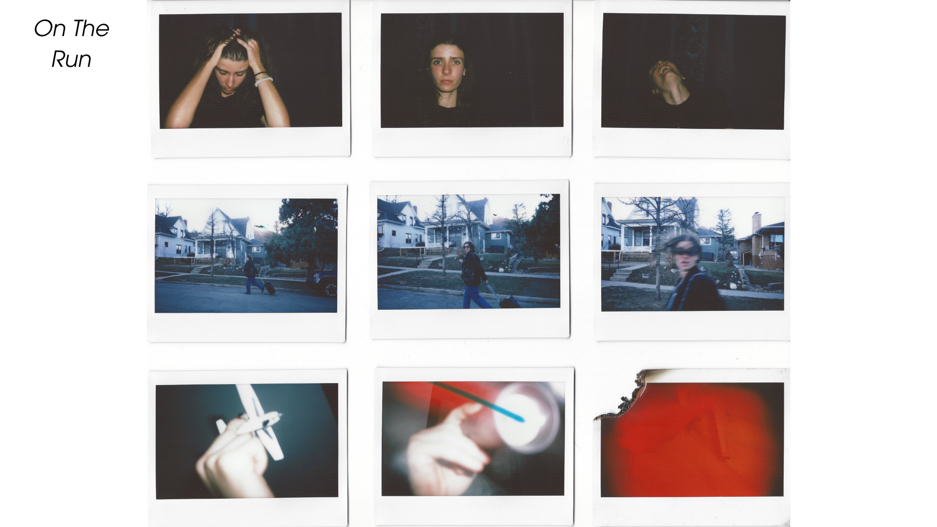 On the Run: Paranoia & Anxiety. A 3x3 composition capturing the rapid build-up of modern anxiety. The top row shows a woman in three emotional states—gripping her head, staring blankly, and laughing with her head thrown-back. This laughter could be joy, or it could be masking a breakdown—mirroring the manic giggle in the song. The middle row shows the woman running with a suitcase on the street, each Polaroid moving closer until her face is a blur of motion. This sense of urgency and escape mirrors the airp