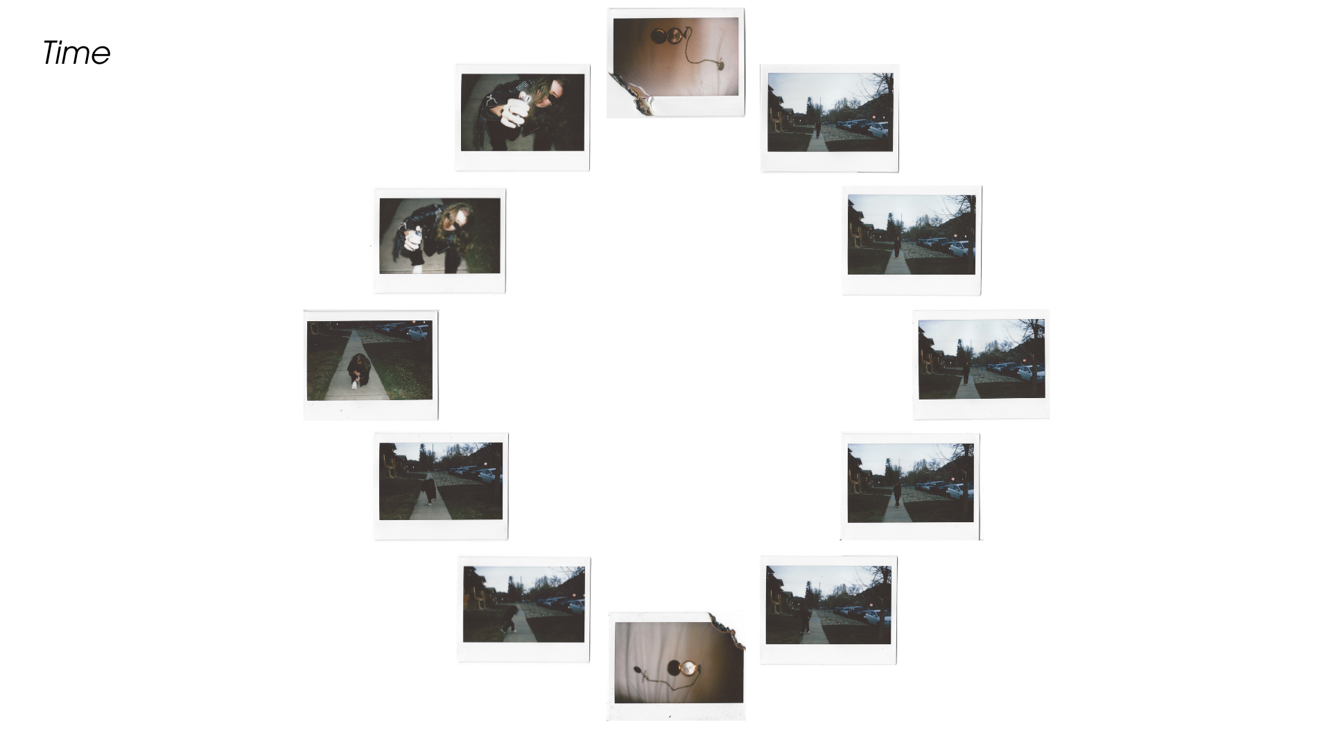 Time: Regret & The Passage of Time. Twelve Polaroids arranged like numbers on a clock. At the top (12 o’clock) and bottom (6 o’clock) are burnt Polaroids of a pocket watch. The right side (1–5) shows a woman walking slowly toward the camera, calm but contemplative. As we move left (7–11), her posture deteriorates—she crouches, lights a cigarette, and finally holds a lighter close to the lens. Her increasing instability and proximity to the camera mirror the growing intensity of time slipping away and no con