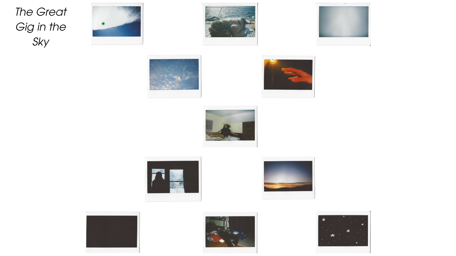 The Great Gig in the Sky: Death & The Fear of the Unknown. An 11-Polaroid layout, mirroring a rise and fall. The composition begins in light: Daylight, a woman basking in the sun, and a white Polaroid symbolizes the purity of life. Moving down, a woman's hand reaches for the light, then appears levitating mid-fall. This central frame captures surrender. The descent moves through a silhouette of the woman looking out of a window, then into darkness: a black Polaroid with sketched stars beside a woman lying i