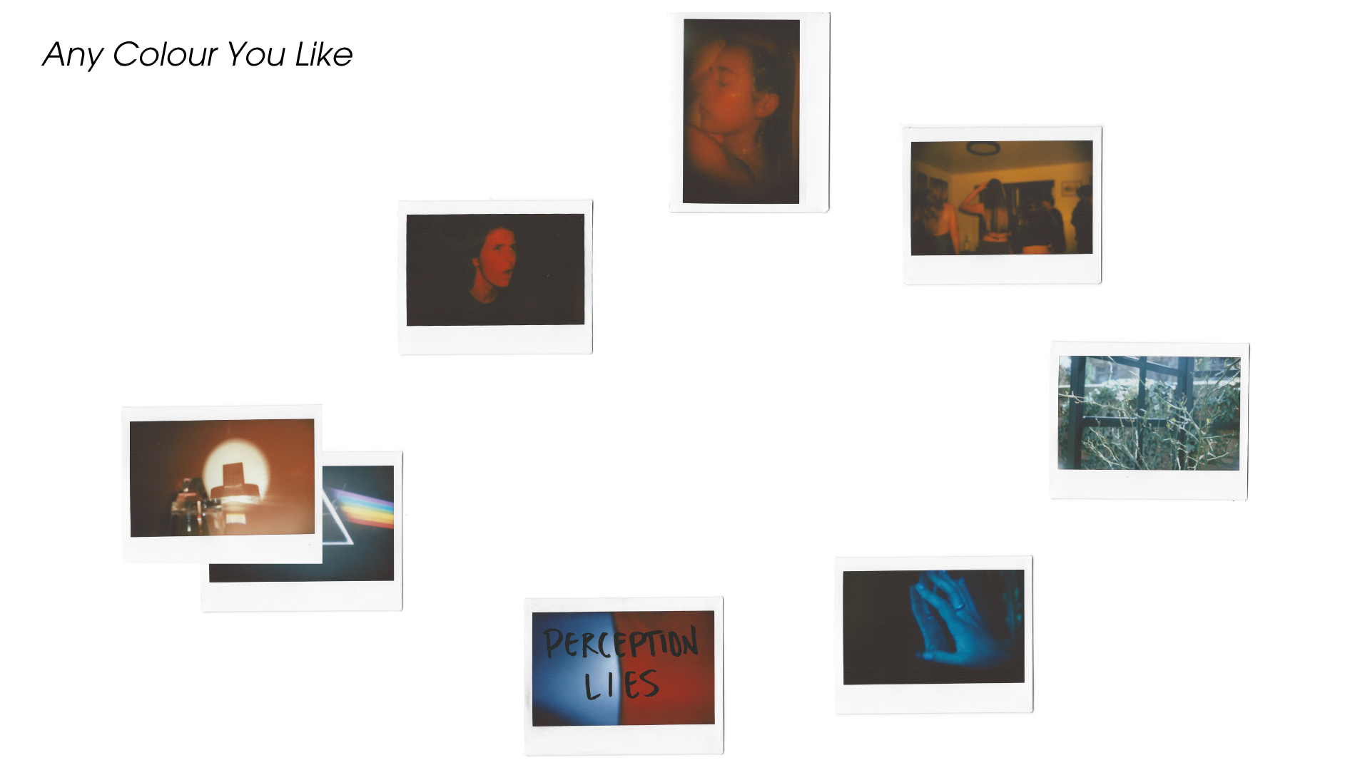 Us and Them: Division & Conflict. Made of 13 Polaroids, this piece begins with intimacy—a hug. But two framing Polaroids contain phrases scratched and rewritten in Sharpie: “Us” → “Them” → “Us?” and the reverse, “Them” → “Us” → “Them?” Indicating the confusion of what side you’re really on. The central crack appears in the form of a sidewalk split. Scenes of smoking, fences between lovers, and political protest unfold. The final image, a handwritten note: “PICK A SIDE,” drives home the division. Love, prote