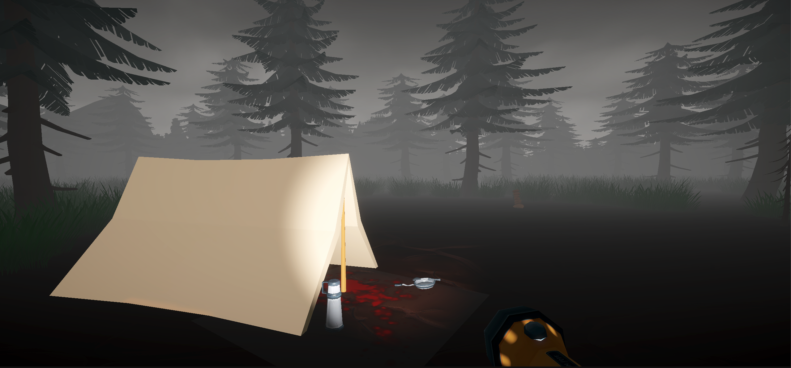 Is a bloody abandoned campsite in the middle of the woods.