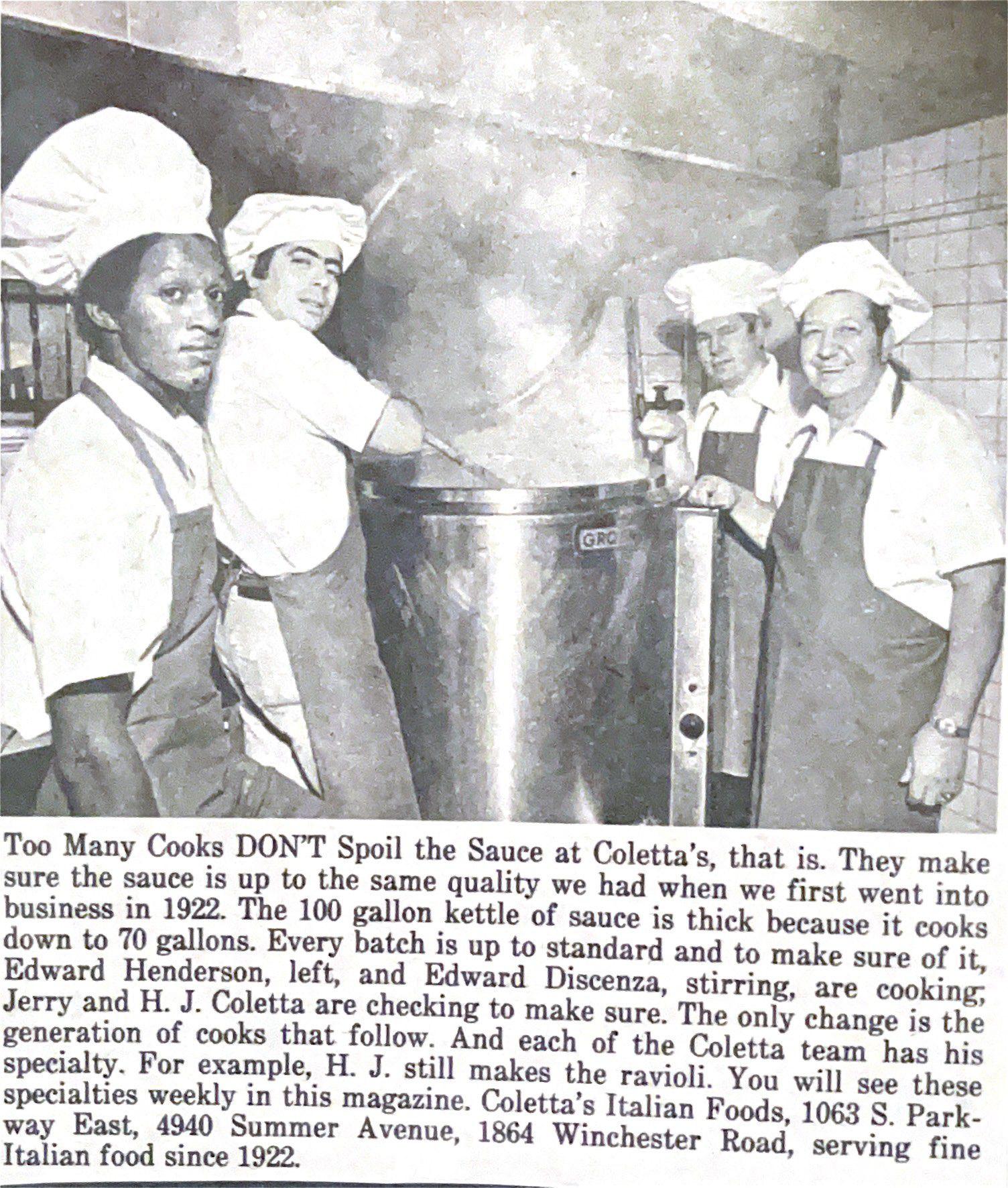 black and white photo of four cooks around a large saucepot