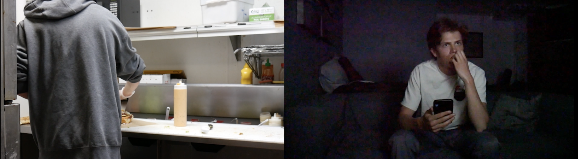 On the left, the man is working at a sandwich shop. On the right, the man is watching tv. This shows the importance of making money and supporting yourself.