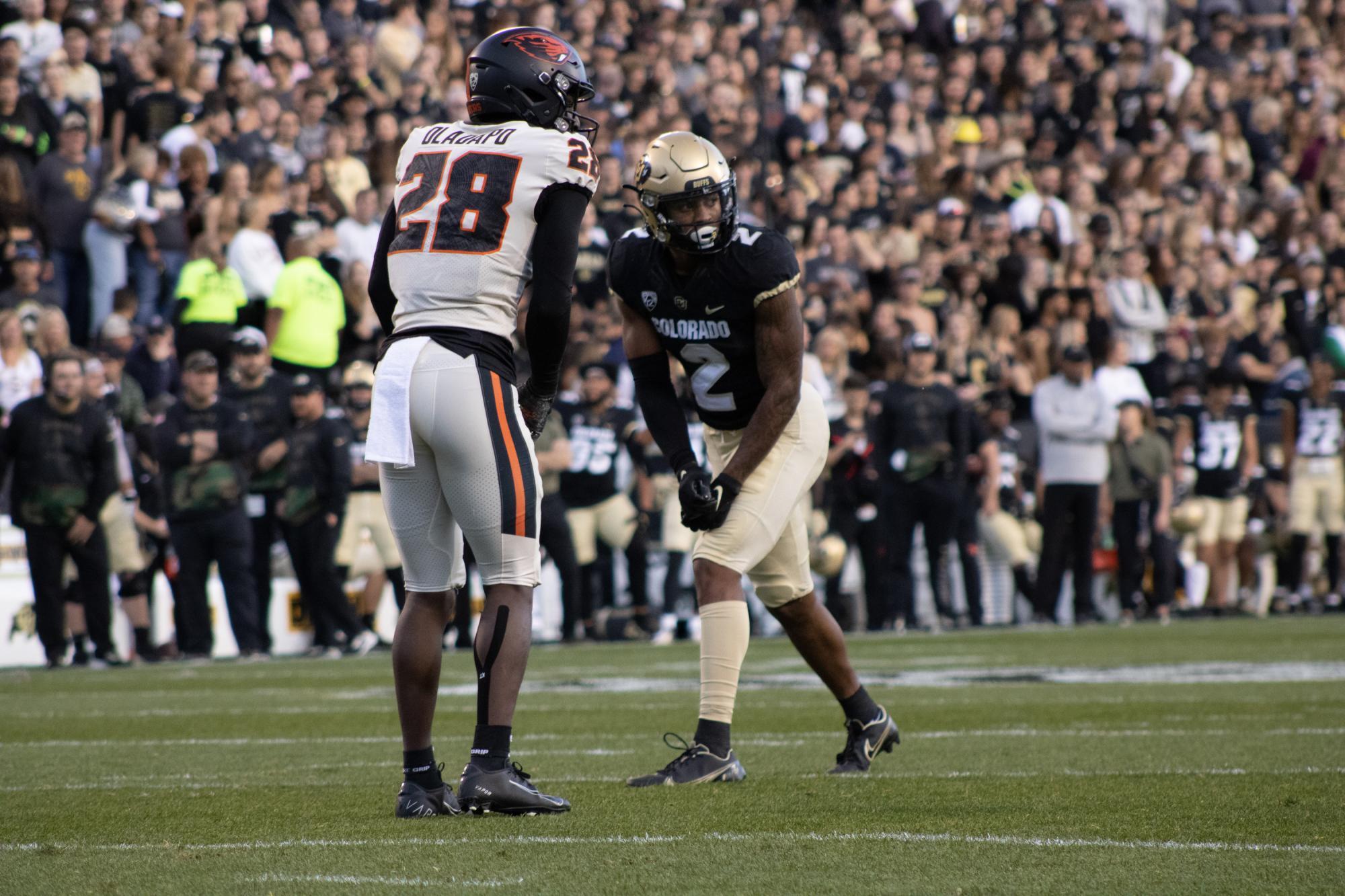 Freshmen Brenden Rice lines up goal-to-go against Oregon State November 6, 2021. Later in this drive, CU would open up the scoring setting up a wild OT thriller into the late night at Folsom field. This was the team's turning point in their season.