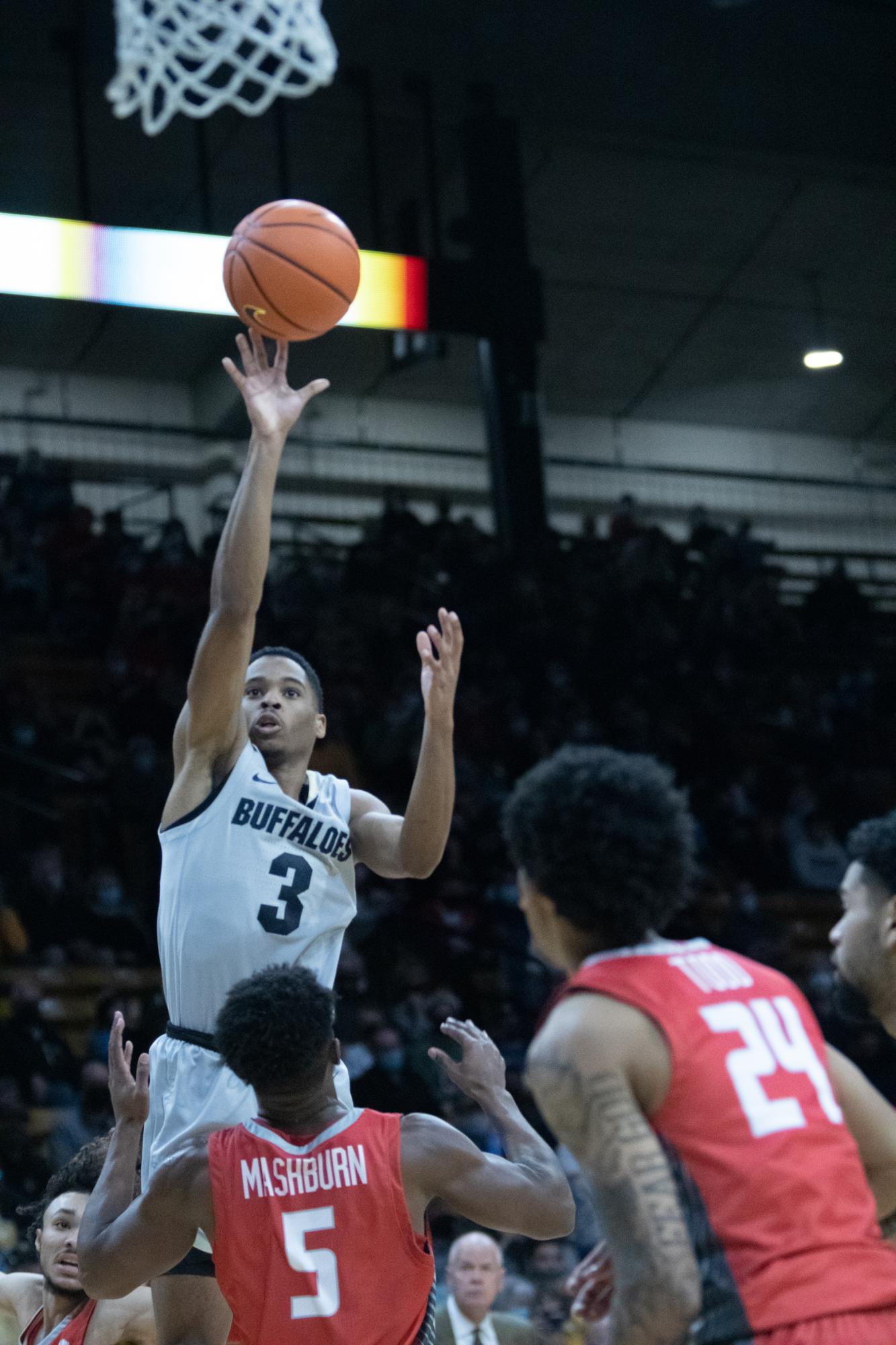 Sophomore guard Keeshawn Barthelemy with the one-hand floater for two points on November 13, 2021. The Buffaloes went on to win this Southwest matchup in style. Barthelemy would cap off an outstanding night before heading into their invitational tournament.