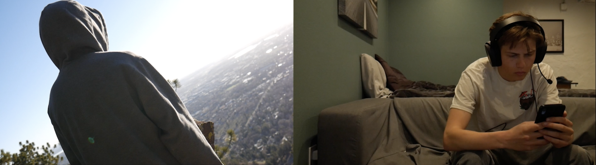 On the left, the man is standing on a cliff looking down at the town. On the right, the man is looking at his phone. This contrast shows that you could be looking at more interesting things than a screen.