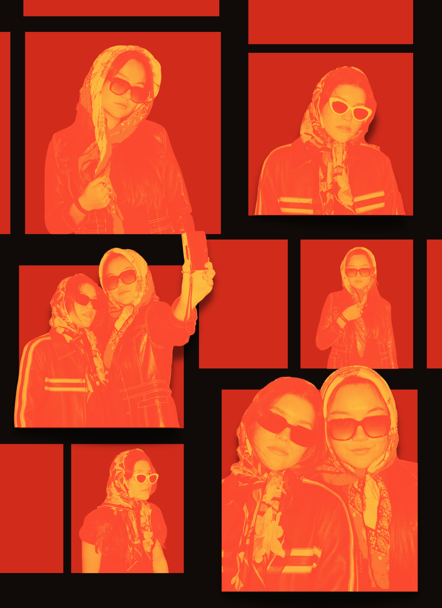 A red collage of two women in babushka attire