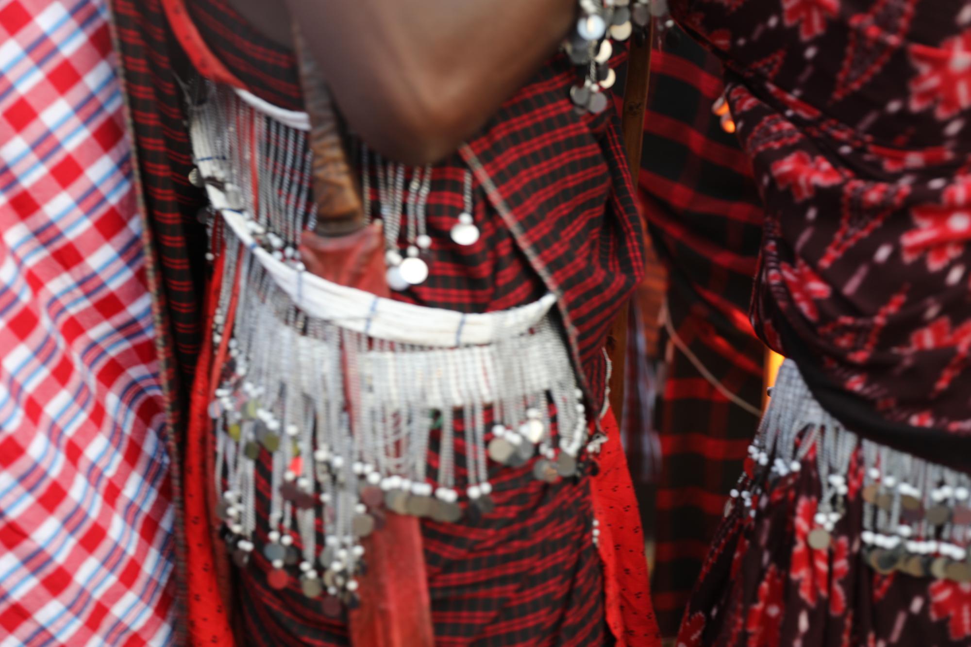 ornamental beads on a red dress