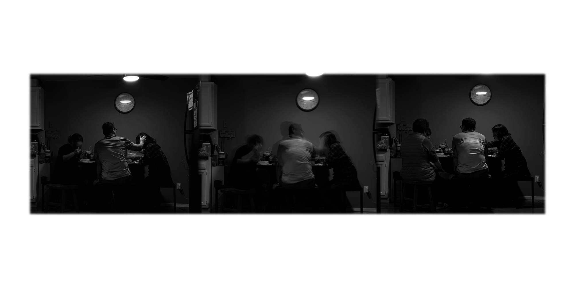 a series of 3 black and white photos of a family sitting at a kitchen table