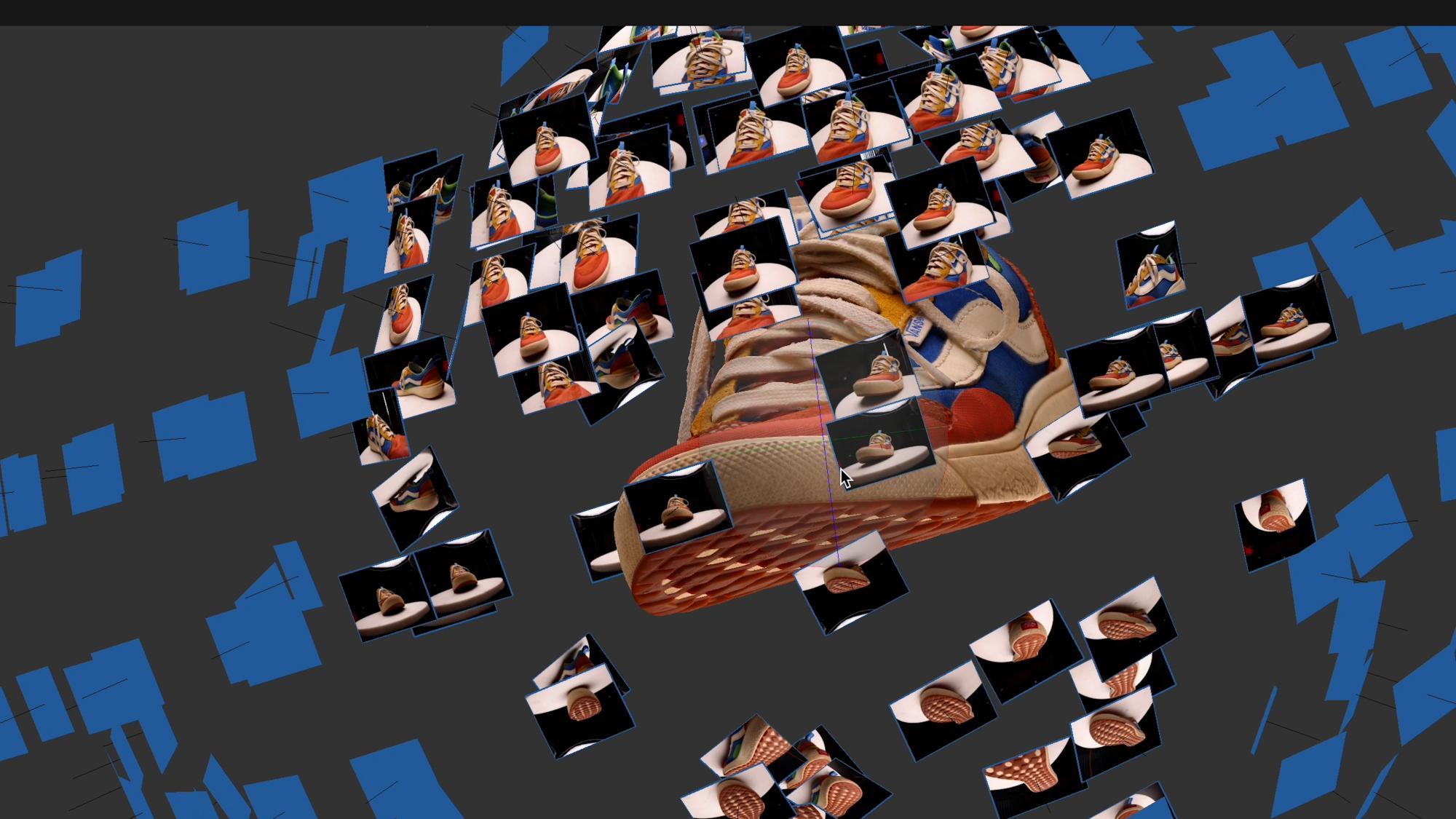 Picture of 3D shoe model with images encircling it showing where the software predicted the images to be