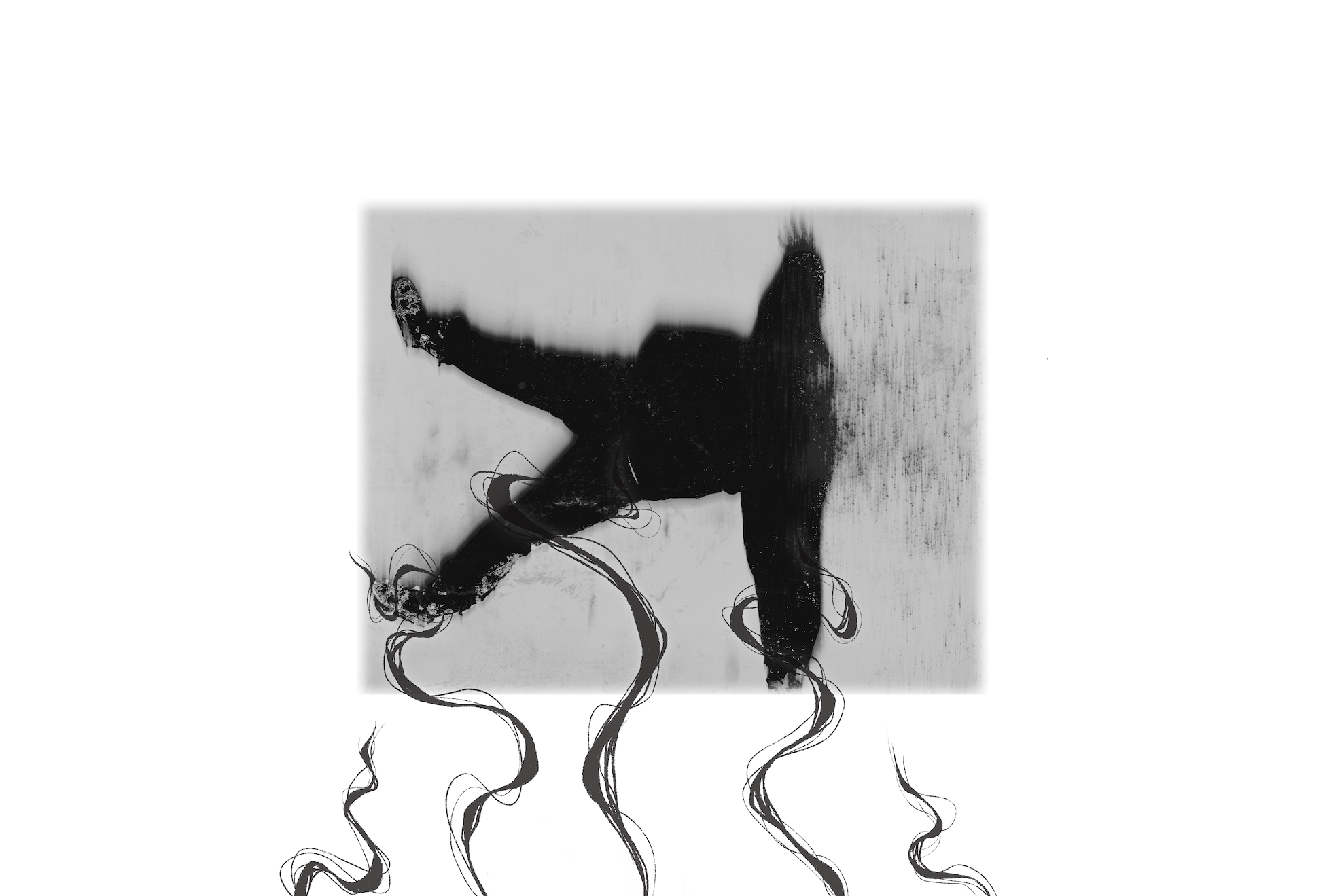 a black and white photo of a headless figure with drawn elements reaching for the figure