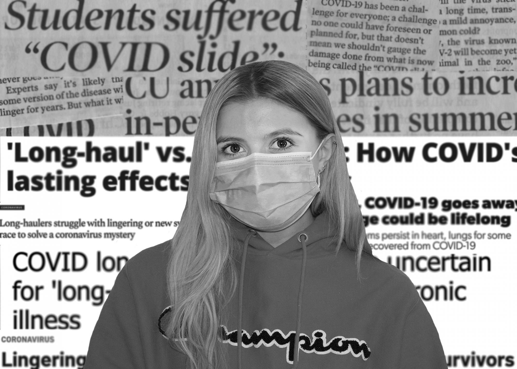 Person wearing a mask in front of a collage of newspaper cut-outs