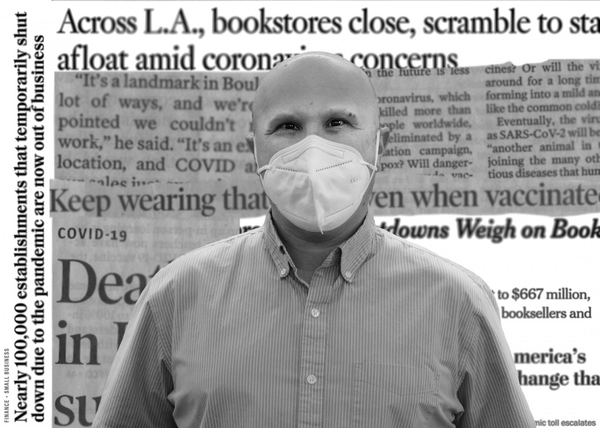 Person wearing a mask in front of a collage of newspaper cut-outs