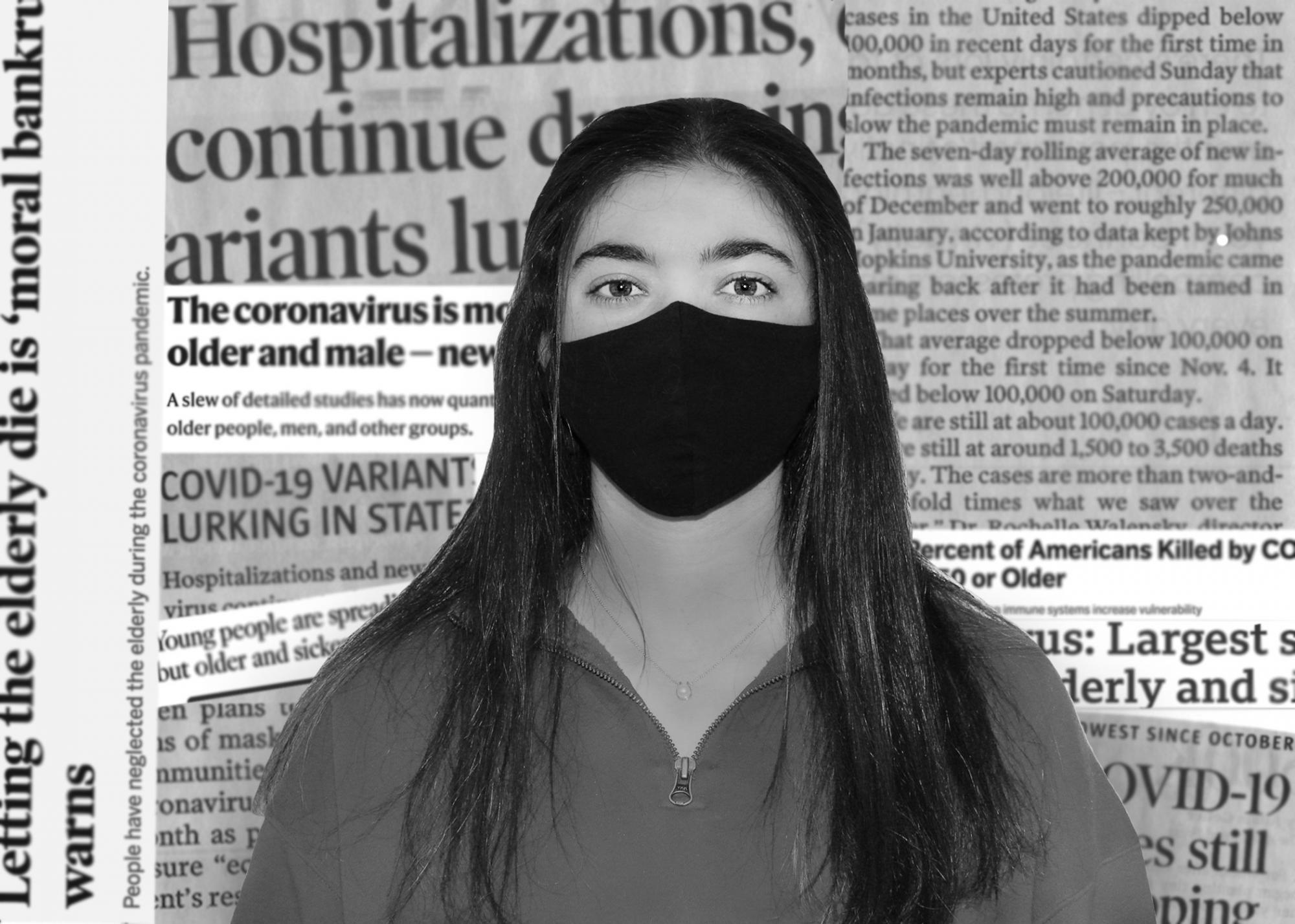 Person wearing a mask in front of a collage of newspaper cut-outs
