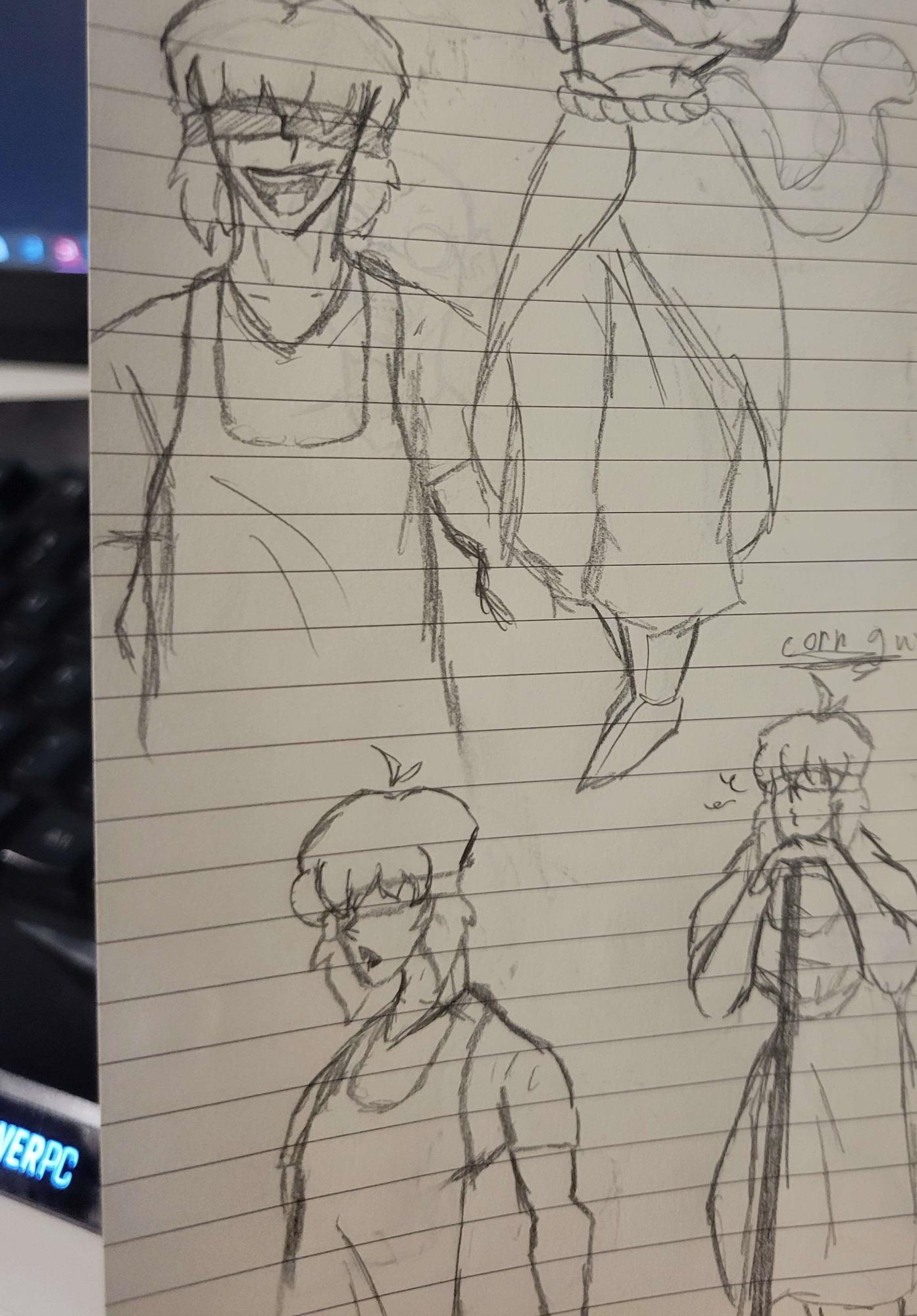 Storyboard with rough sketches for page 2 of Fish Bowl with lettering (speech bubbles).
