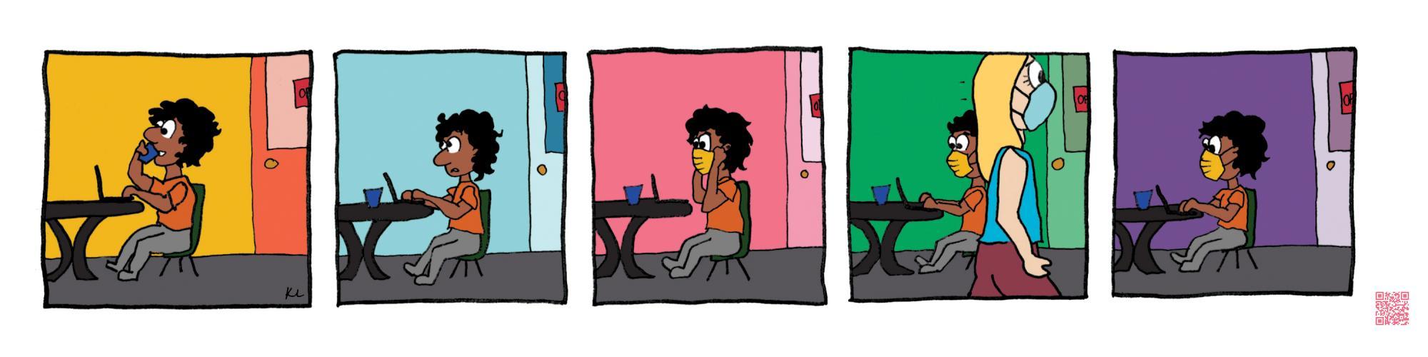 Comic strip of person at computer with a mask on