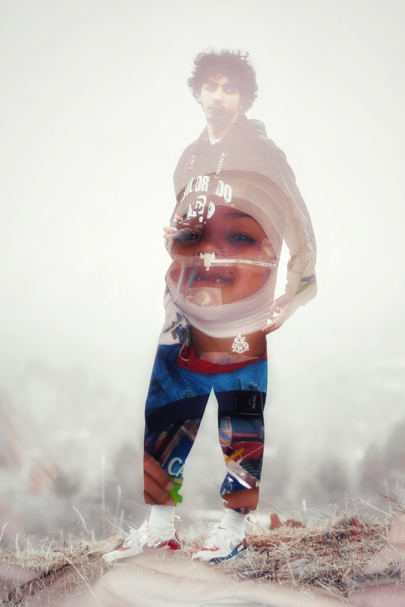 man standing on a rock superimposed with an image of a child